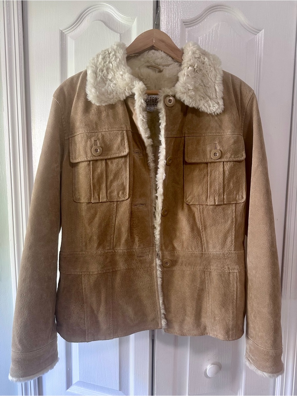 Wilsons Leather Maxima Tan Suede Fur Collar Jacket L